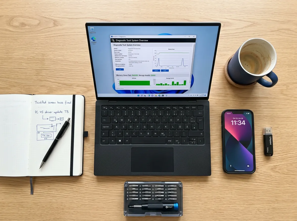 IT-Support Arbeitsplatz mit Laptop, Diagnose-Tool, Schraubendreher-Set und Notizbuch