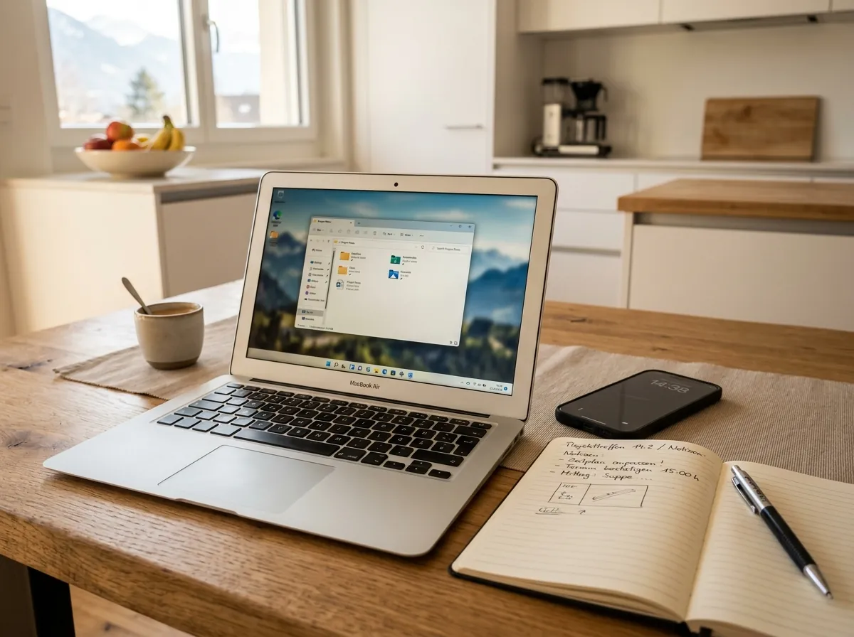 Laptop mit Windows-Desktop auf Küchentisch, IT-Support in Münchenstein