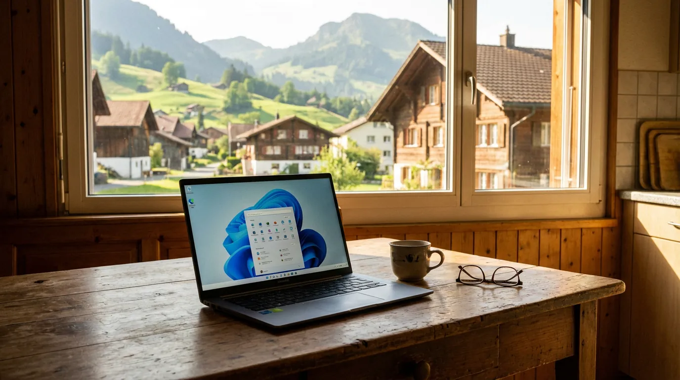 Laptop mit Windows-Desktop auf Küchentisch: Computerhilfe direkt bei Ihnen zu Hause in Reinach