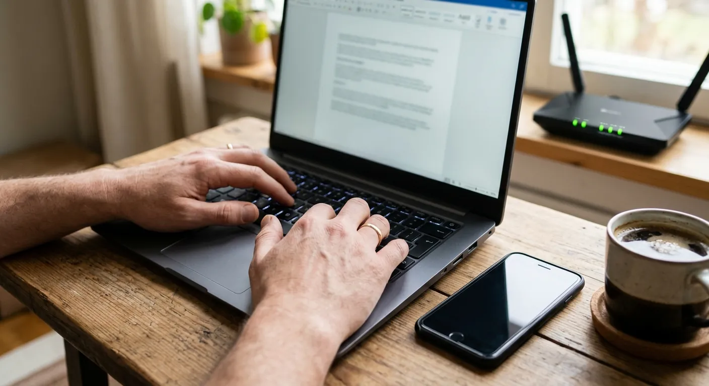 WLAN und Netzwerk Einrichtung: Laptop mit Router im Hintergrund